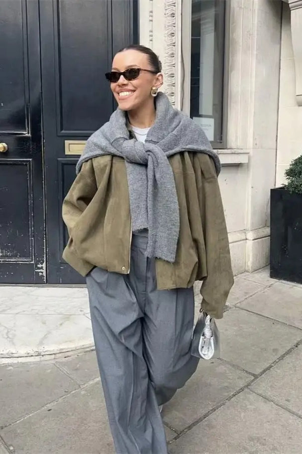 Batwing Sleeve Zippered Bomber Jacket