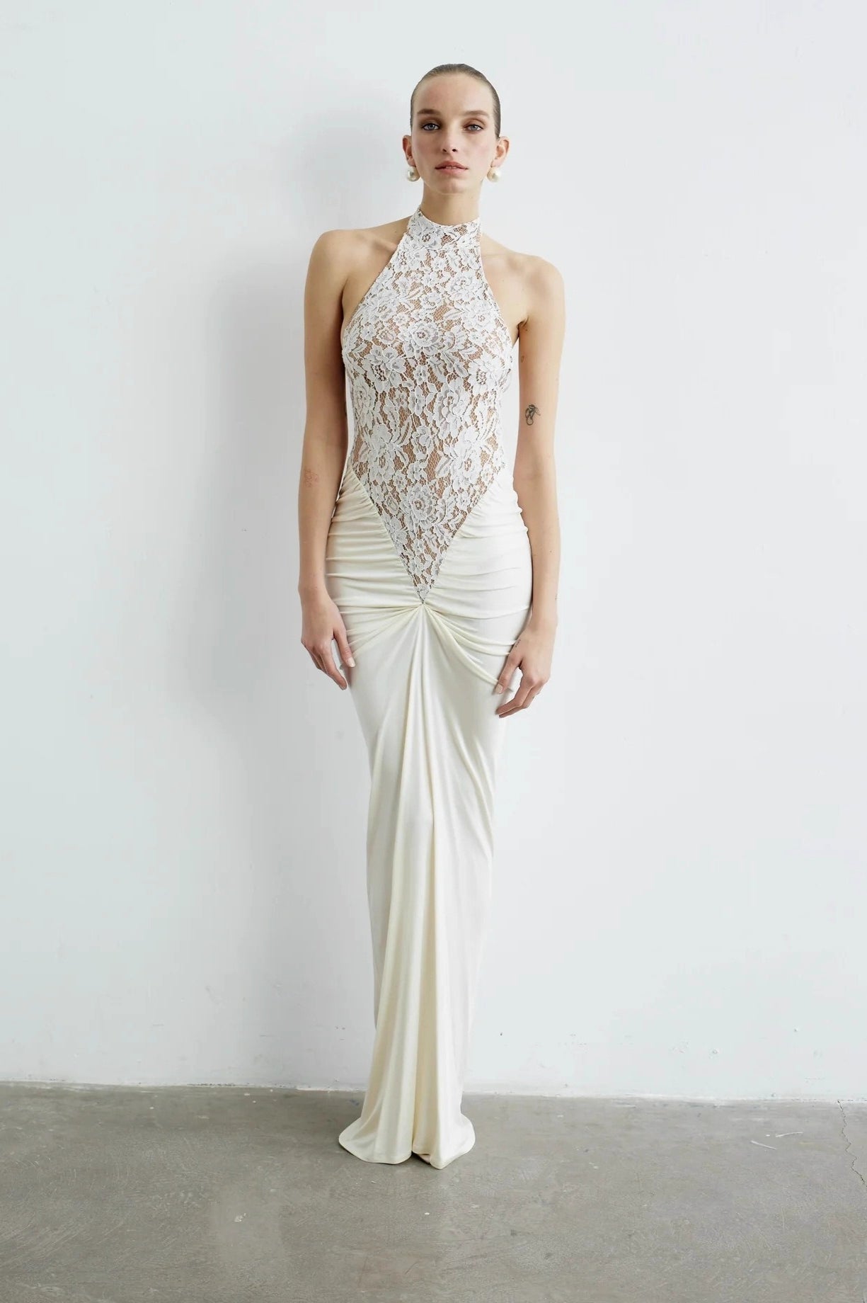 Halter Backless Lace Panel High-Waist Bodycon Party Dress
