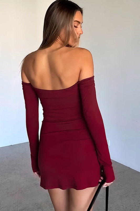 Solid OffShoulder Low Cut Ruched High Waist Elegant Cocktail Dress