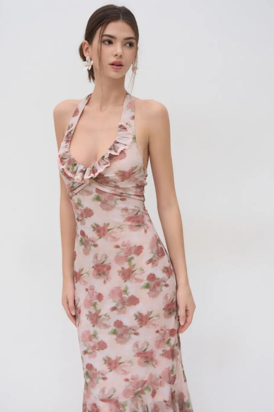 Luxury Halter Lace Trim Irregular Mermaid Long Floral Dress