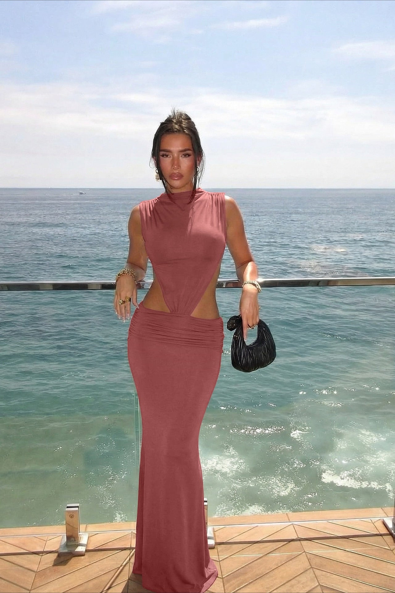 Sexy High Neck Sleeveless Cutout Waist Backless Party Dress