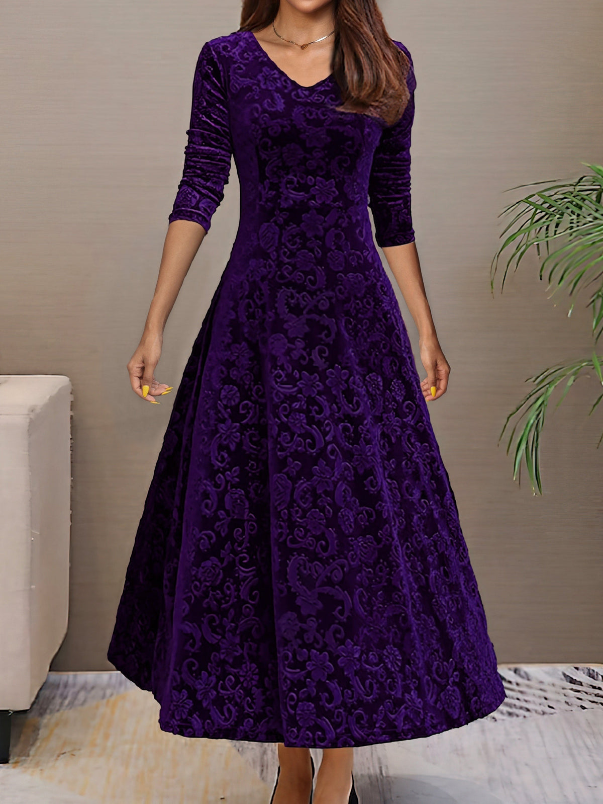 V-Neck Floral Burnout Velvet Long Sleeve A-Line Maxi Dress 4