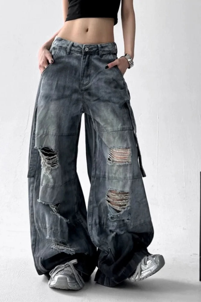 Washed Ripped Wide Leg Jeans
