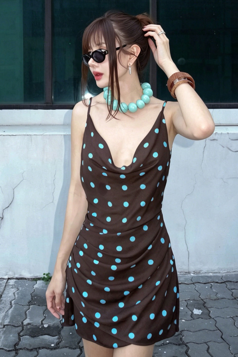 Polka Dot Cowl Cross Tie Back Mini Slip Dress