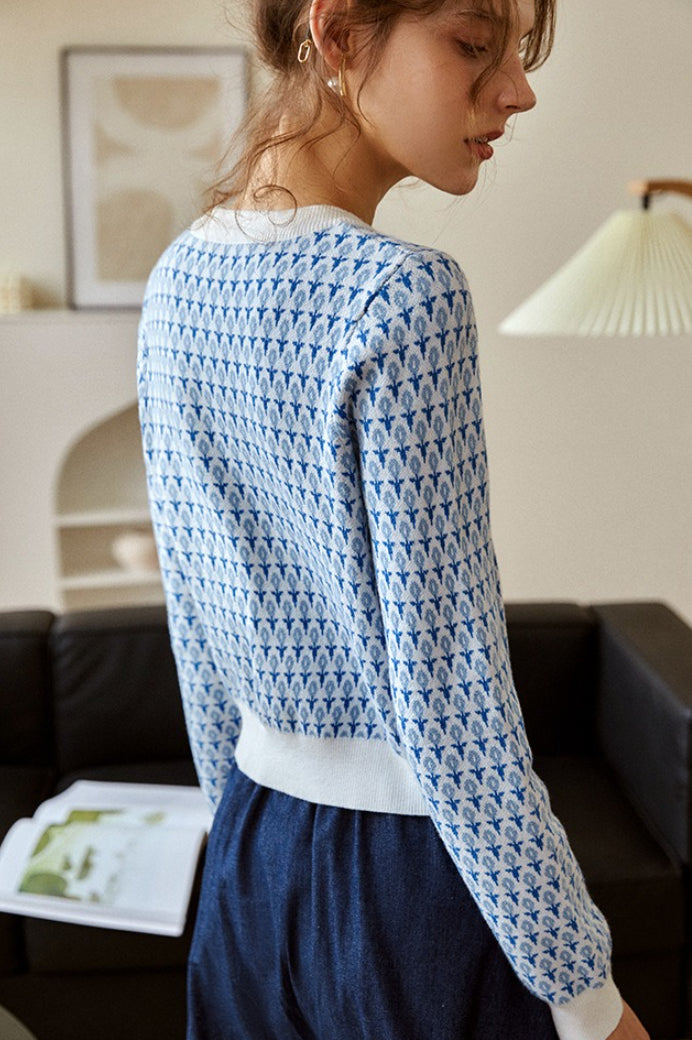 Light Blue Crew Neck Long Sleeve Short Cardigan