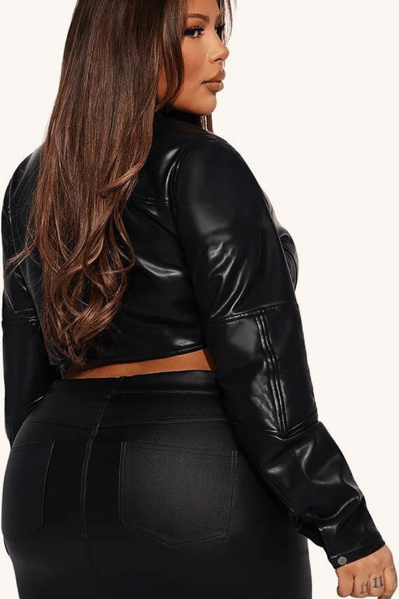 Cropped PU Leather Solid Paneled Jacket