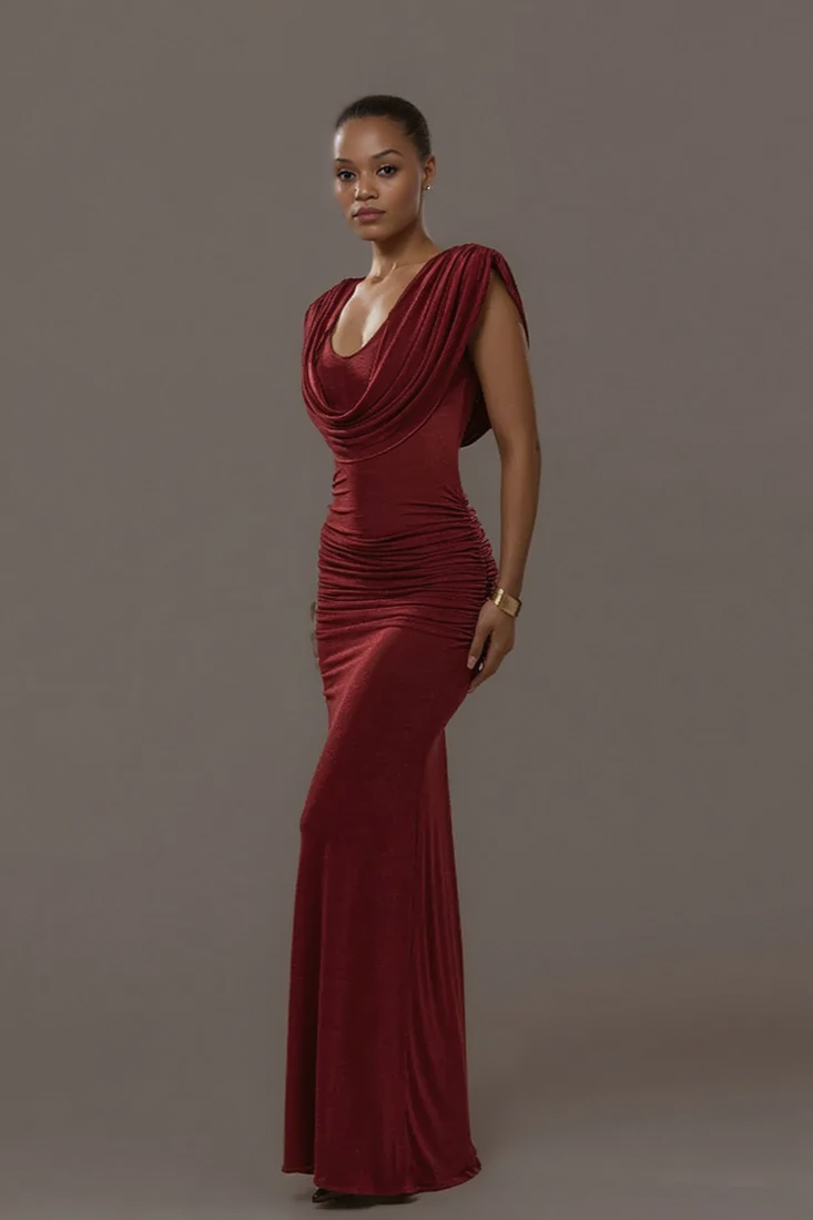 Solid Cowl Neck Ruched Waist Cinch Party Dress