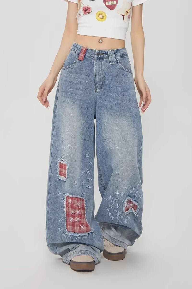 Vintage Plaid Patchwork Distressed Wide-Leg Jeans