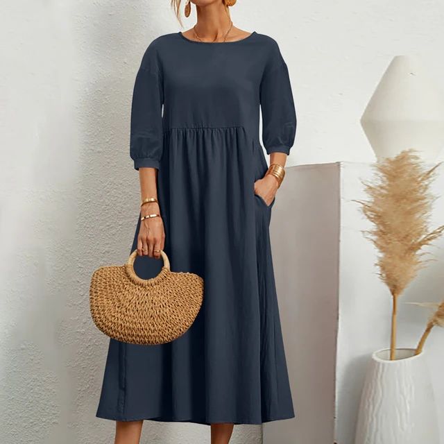 Round Neck Three Quarter Sleeve Babydoll Pocket Midi Dress 3
