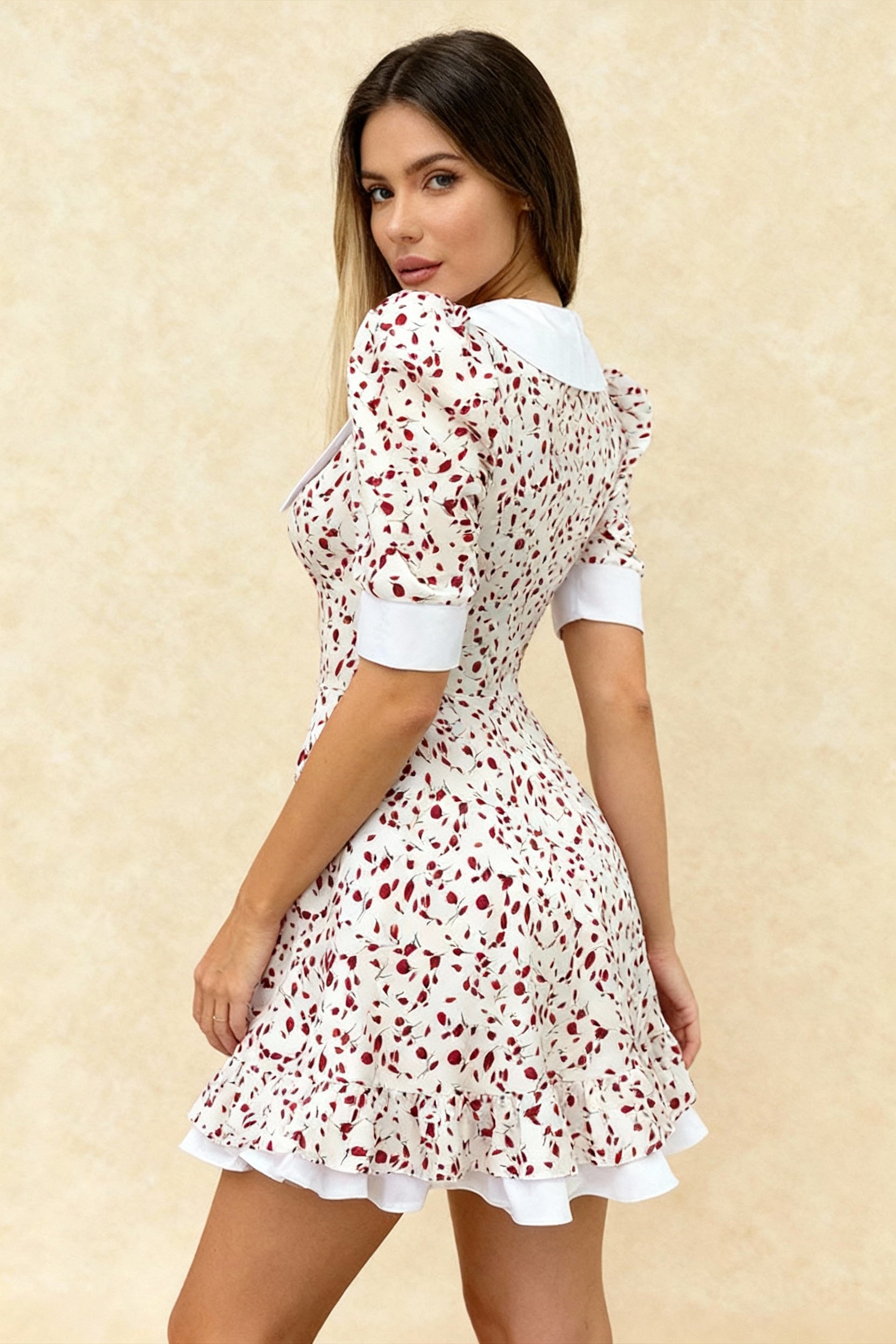 VNeck Floral Puff Sleeve Babydoll Mini Dress