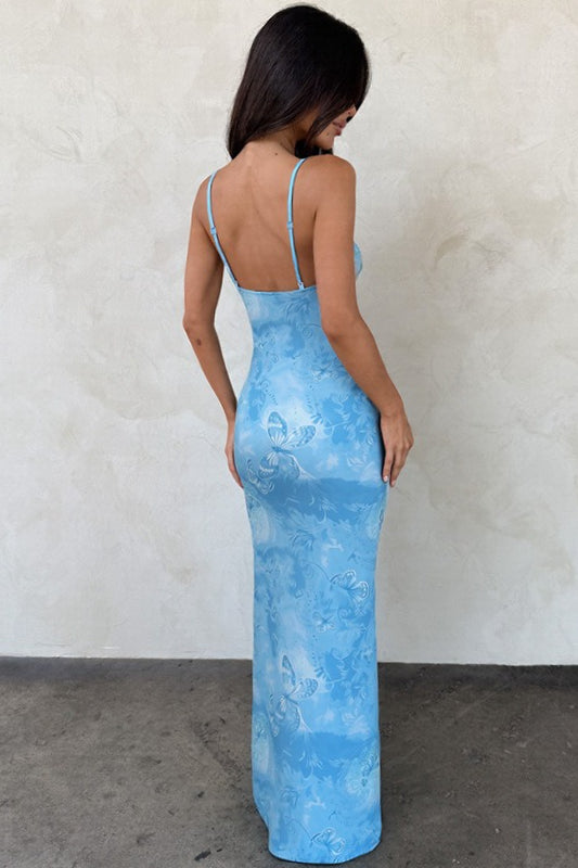 Blue Spaghetti Strap Deep V Twist Cutout Butterfly Print Bodycon Maxi Dress 4