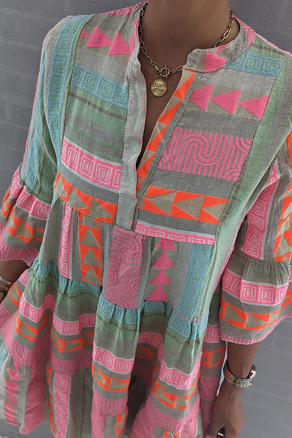 Geometric Print Bell Sleeve Tiered Smock Babydoll Mini Dress 4