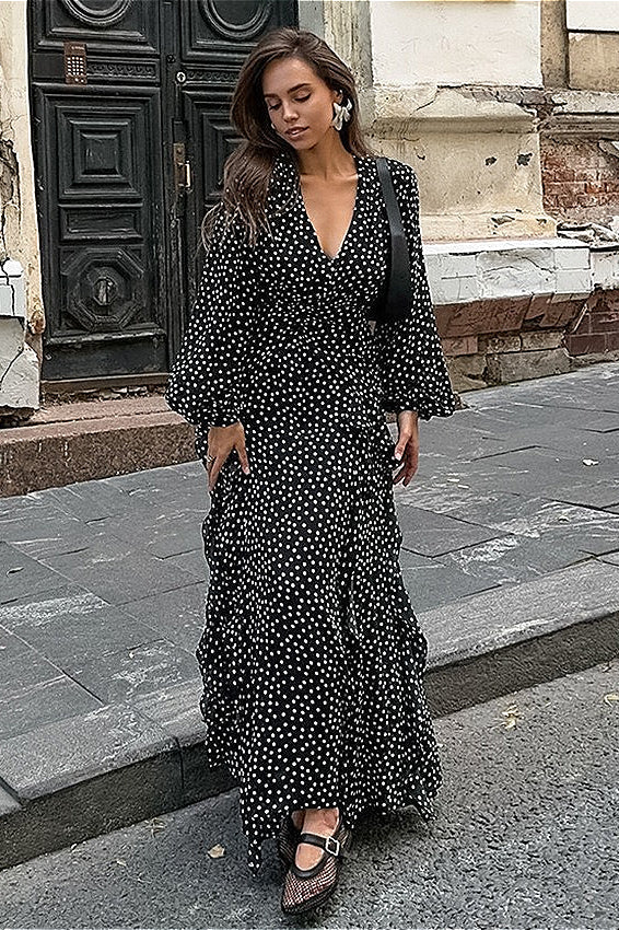Black V-Neck Polka Dot Puff Sleeve A-Line Maxi Dress 2