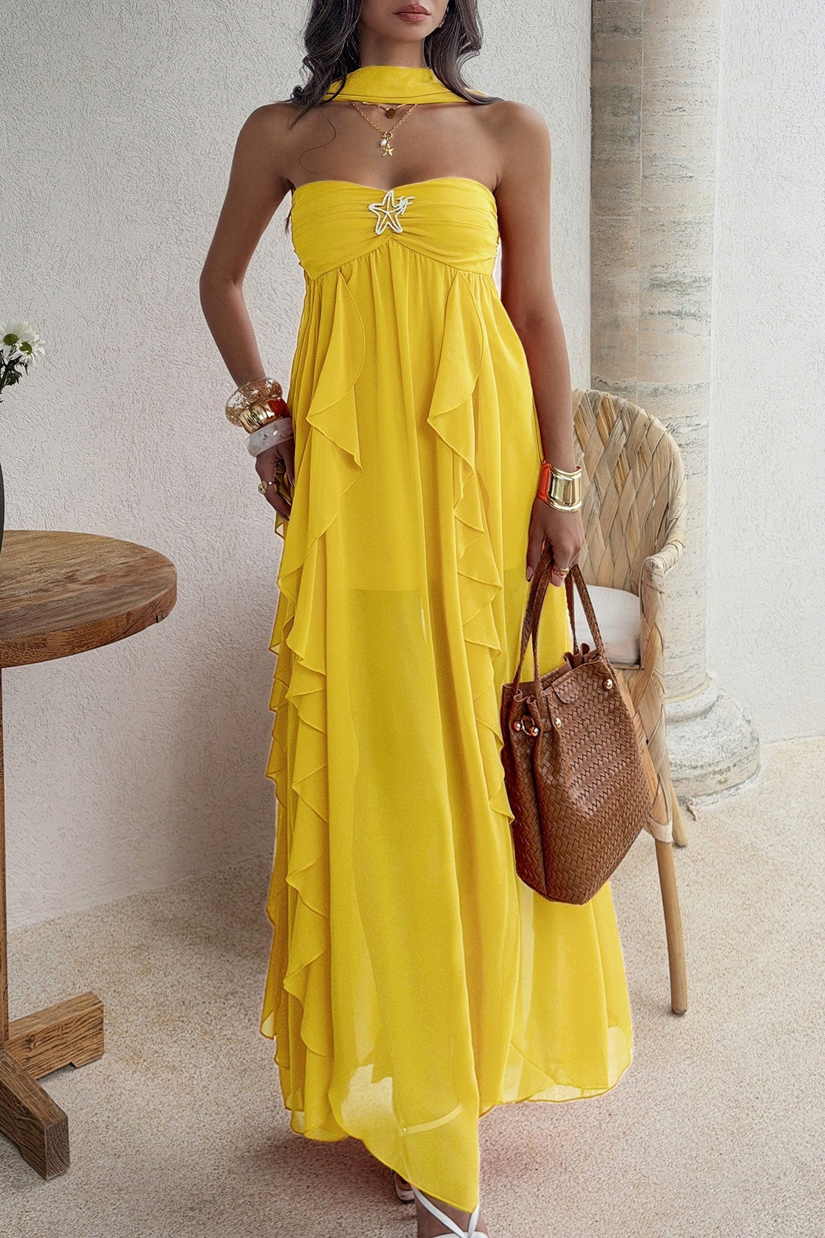 Strapless Starfish Detail Tiered Ruffle Chiffon Maxi Dress 9