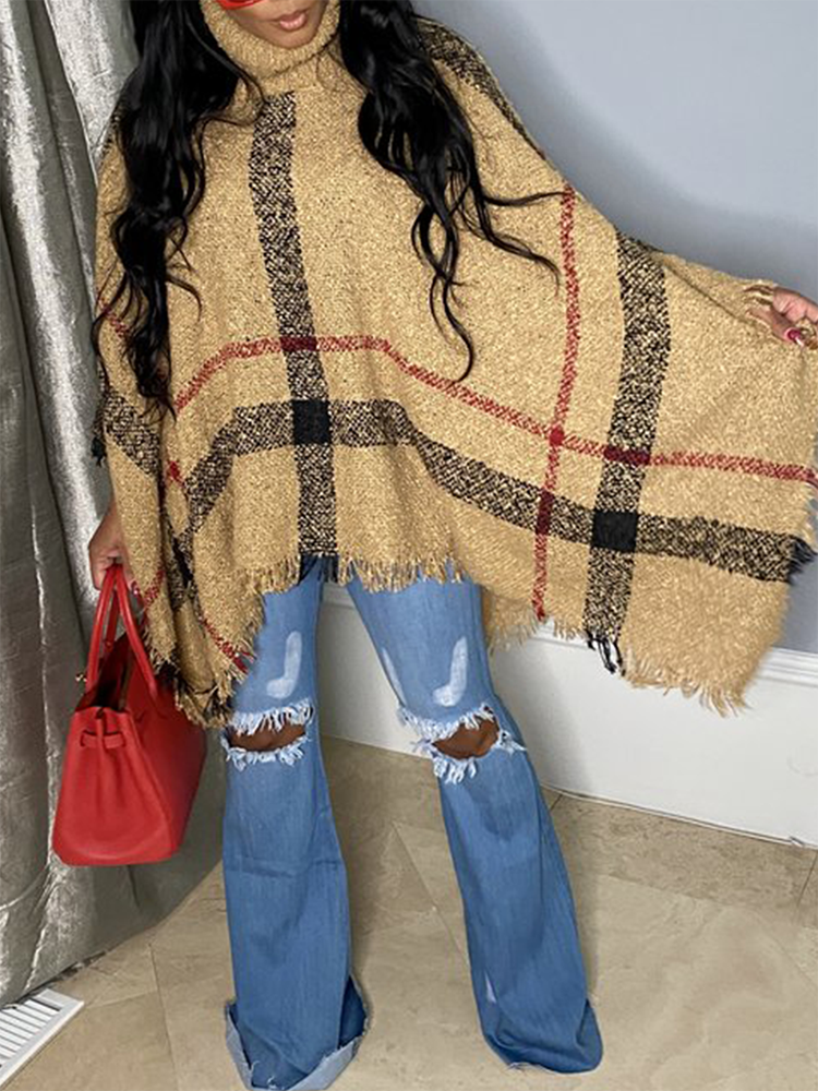 Plaid Fringe Trim Turtleneck Knit Poncho Cape