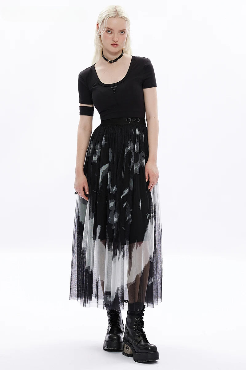 Women's Daily Tie Dyed Gauze Letter Embroidery Logo Rivet At Waist Fashion Girl Midlength Skirt