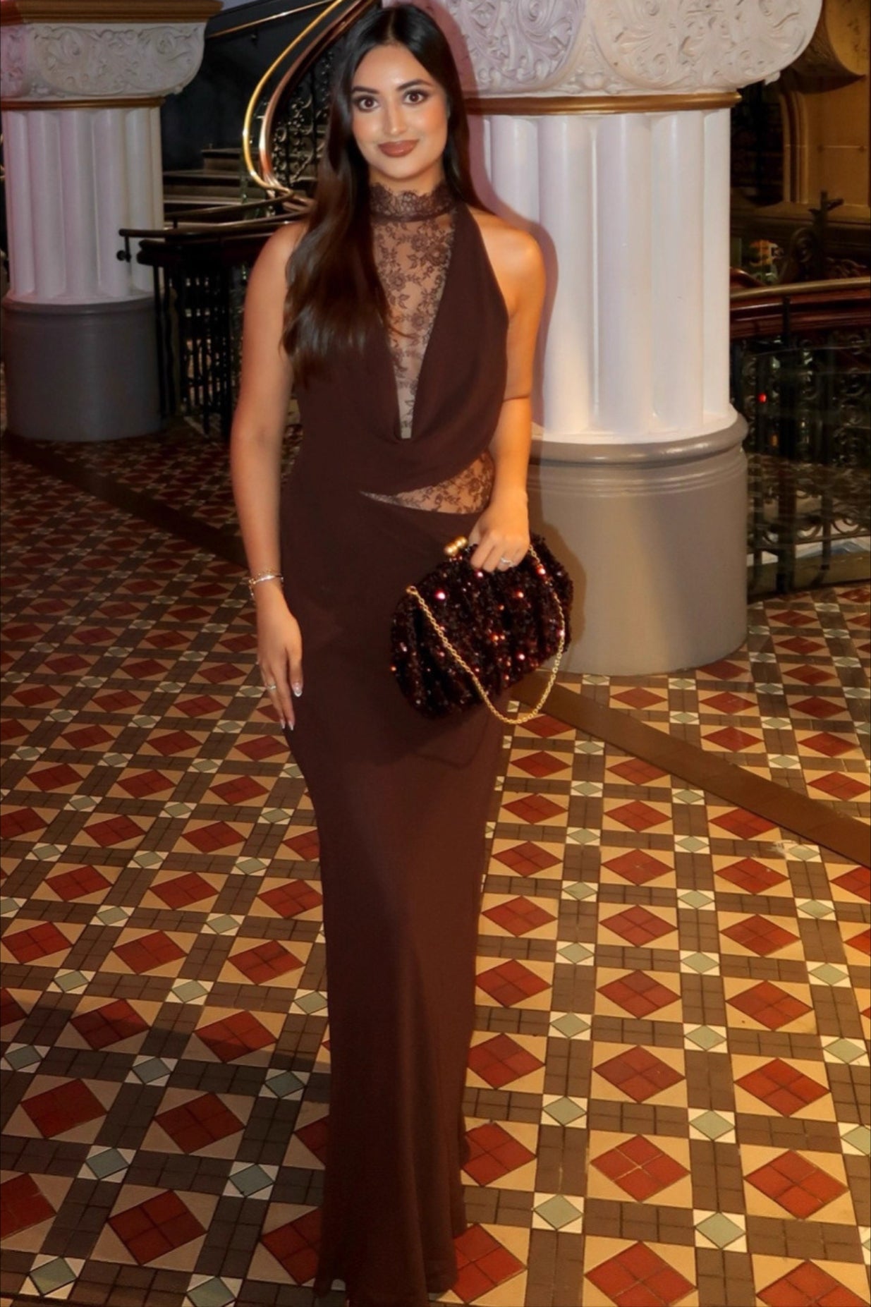 Brown Halter Lace Cowl Bodycon Dress 6