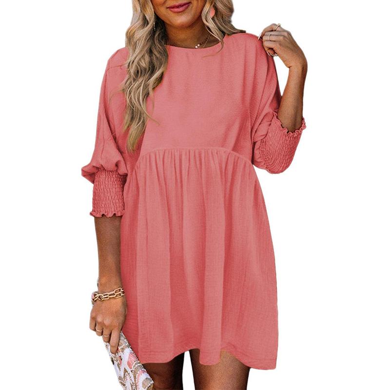 Round Neck Textured Smocked Cuff Sleeve Babydoll Mini Dress