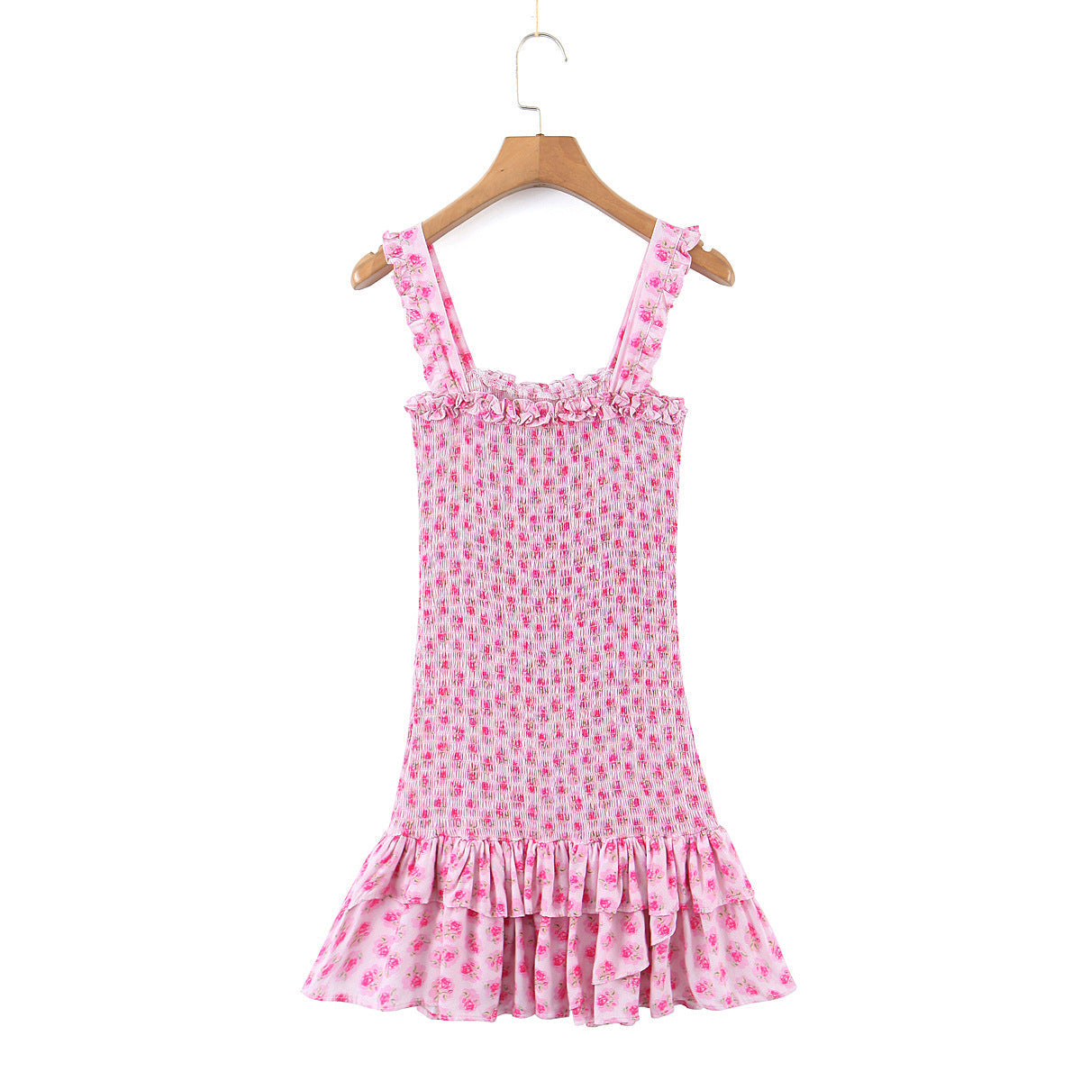 Pink Ruched Bodycon Ruffled Mini Dress