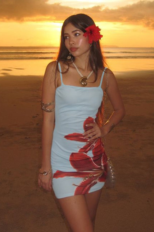 Tropical Floral Contrast Curve Hugging Slip Dress
