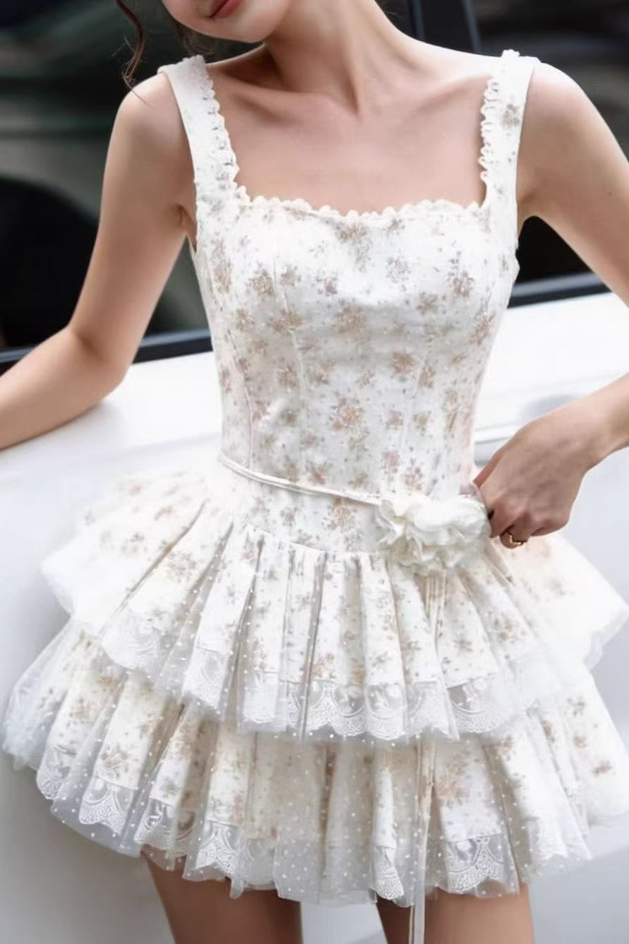 Apricot Square Neck Lace Trim Swiss Dot Tiered Belted Mini Dress 4