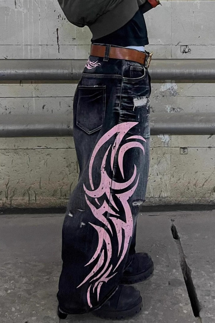 Vintage Printed Washed Distressed Wide Leg Denim Jeans