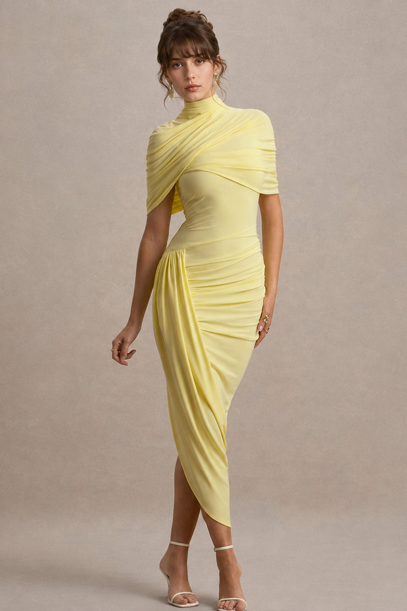 Solid Ruched Bodycon Cape Party Dress