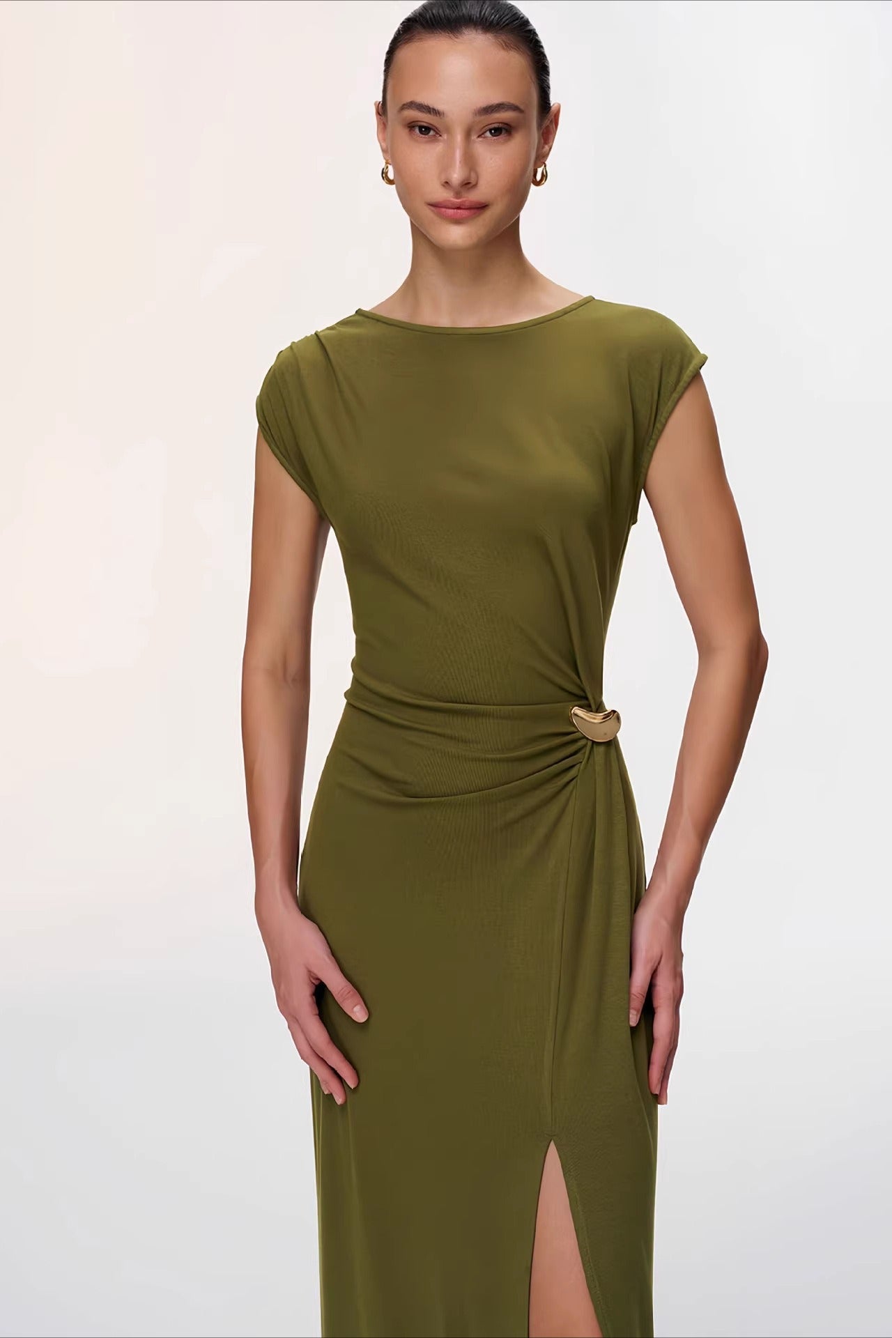 Slim Sleeveless Buckle High Slit Work Dress