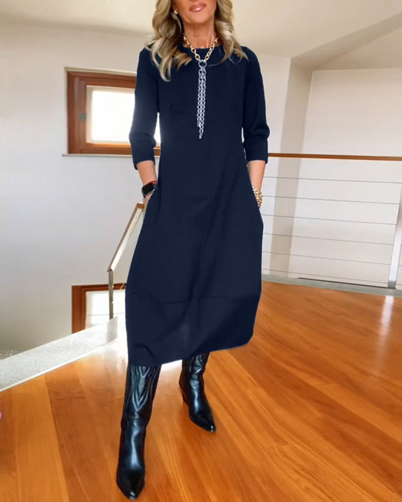 Round Neck Three Quarter Sleeve Pocket Cocoon Midi Dress