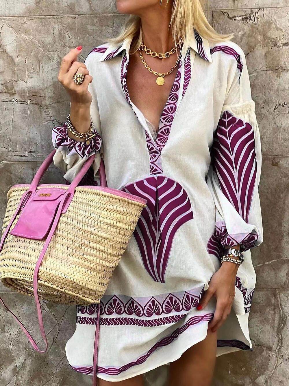 Collared Leaf Print Lantern Sleeve Loose Shirt Mini Dress