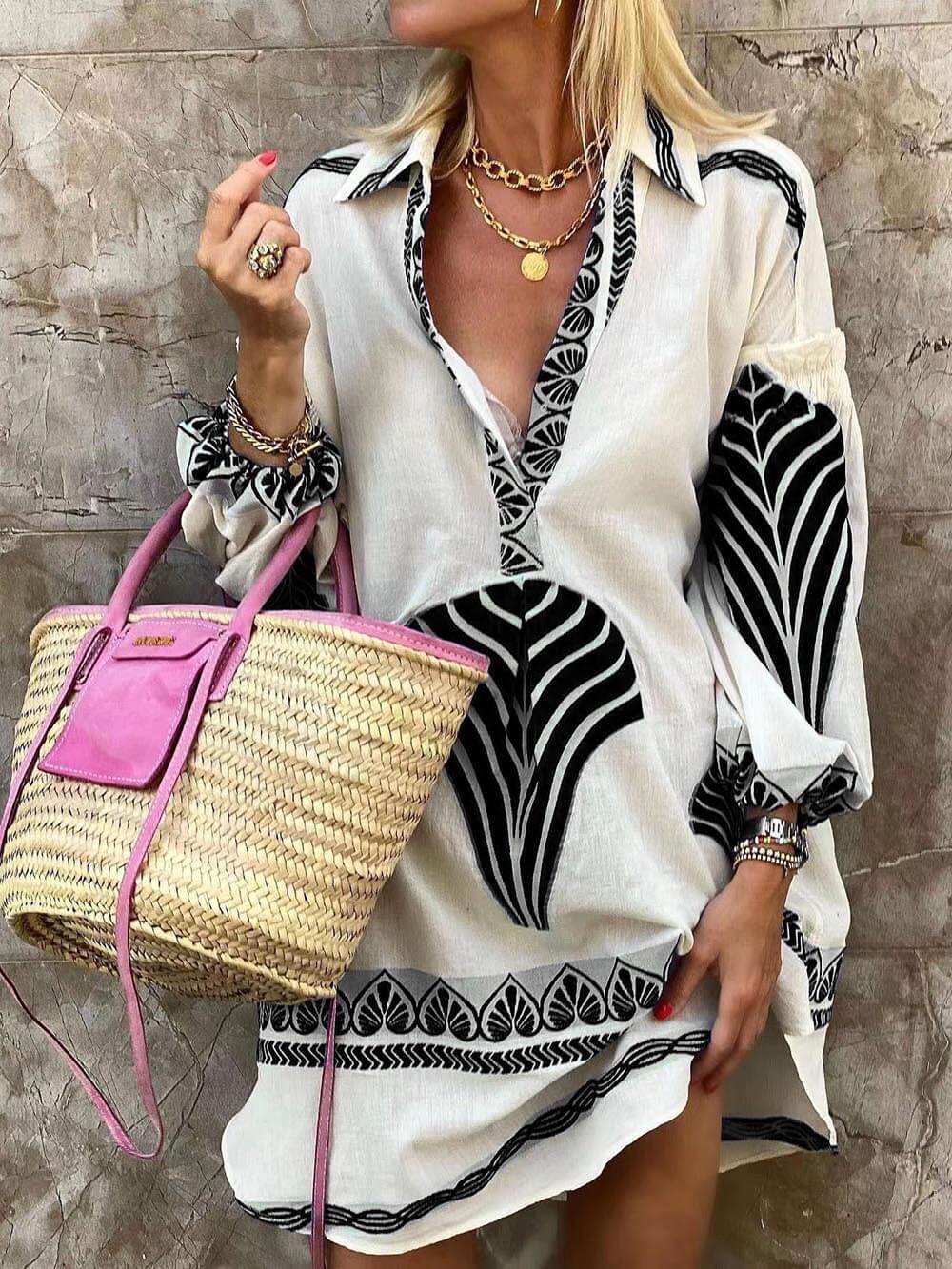 Collared Leaf Print Lantern Sleeve Loose Shirt Mini Dress