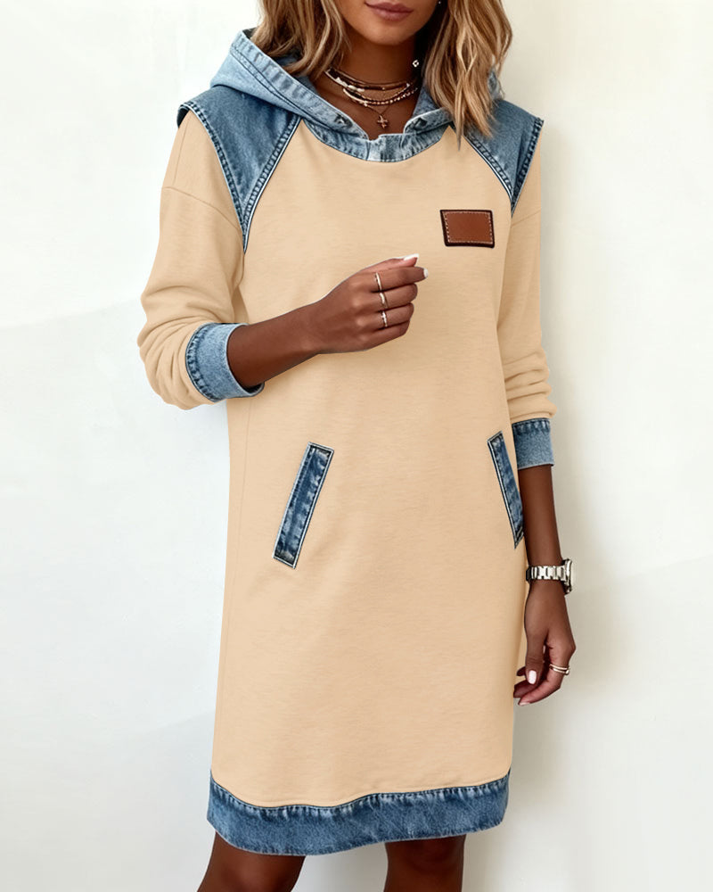 Hooded Long Sleeve Denim Contrast Panel Pocket Sweatshirt Mini Dress