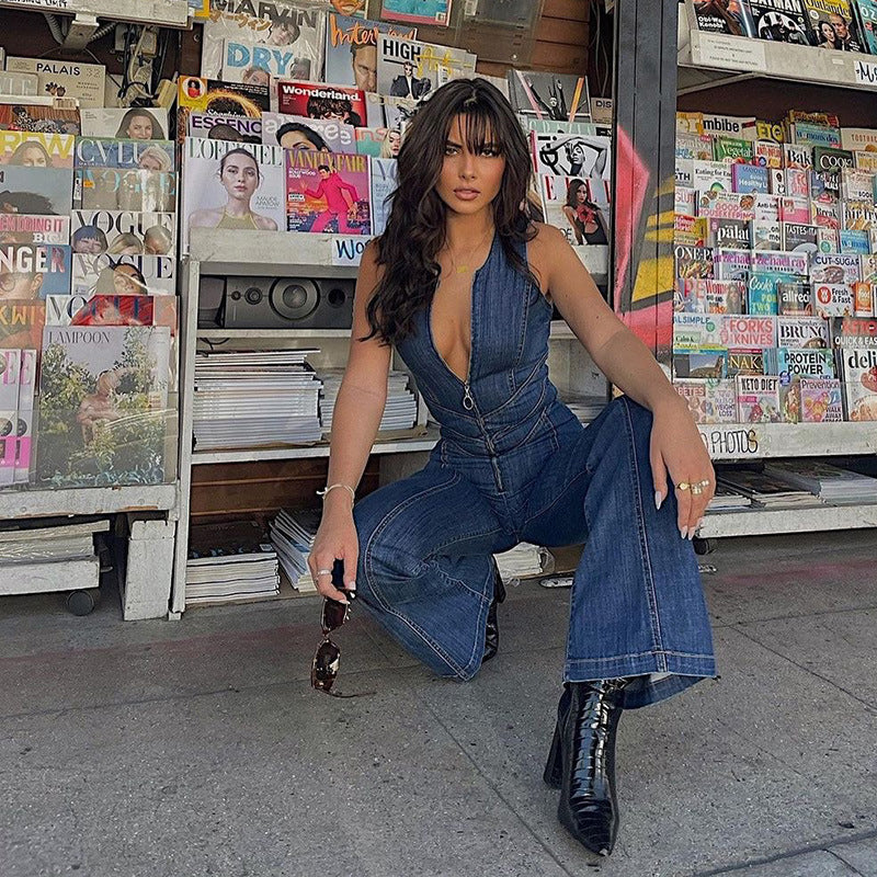 Heart Shaped Backless Denim Jumpsuit