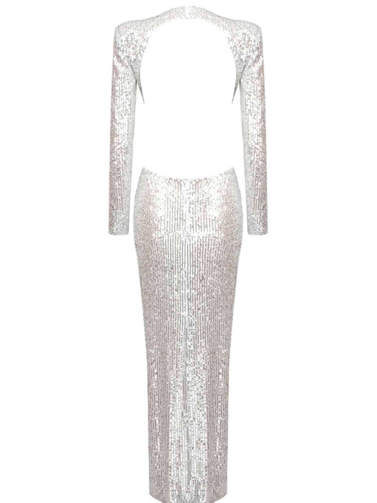 Long Sleeve Sequin Floral Applique Cutout Bodycon Maxi Dress