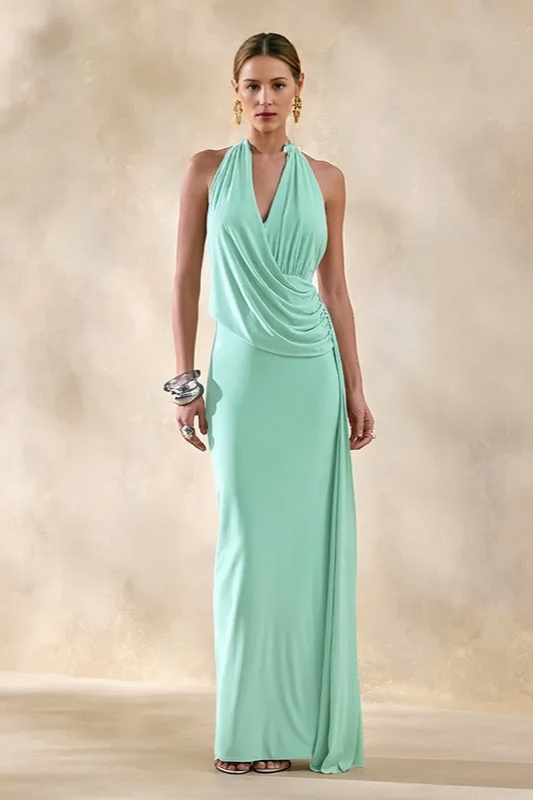 Asym Halter Backless Draped Party Dress