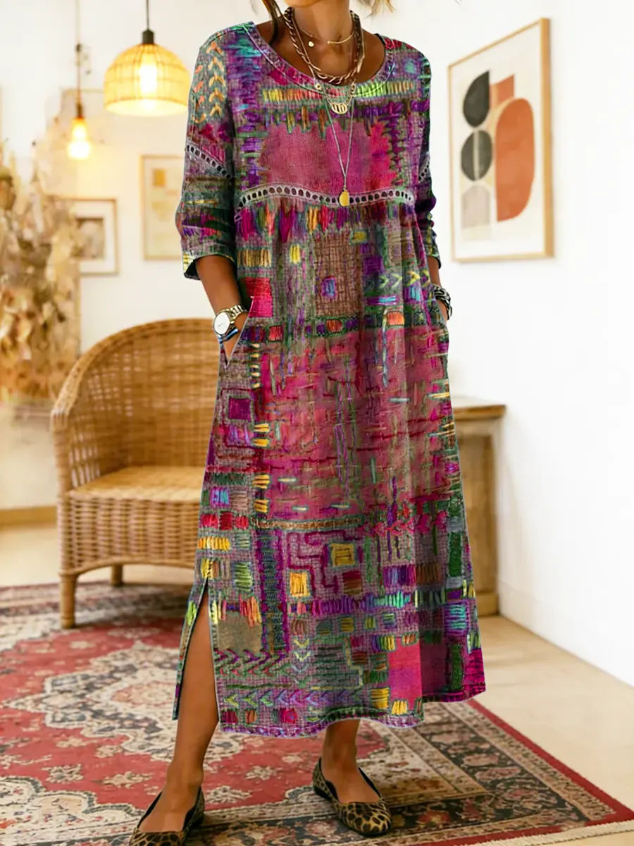 Round Neck Abstract Patchwork Print Long Sleeve Side Slit Maxi Dress