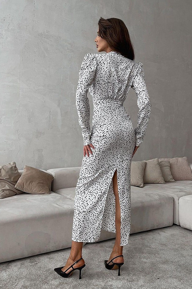 White Polka Dot Floral V-Neck Puff Sleeve Maxi Dress 3