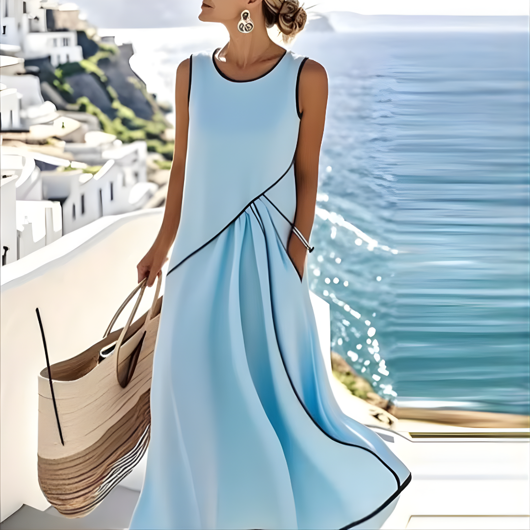 Round Neck Contrast Trim Sleeveless Tiered A-Line Maxi Dress