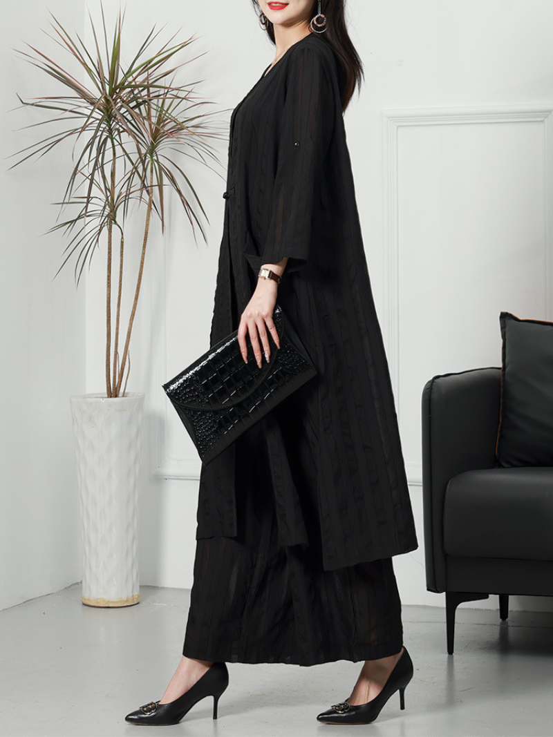 Textured Stripe Long Cardigan and Wide Leg Pants Set