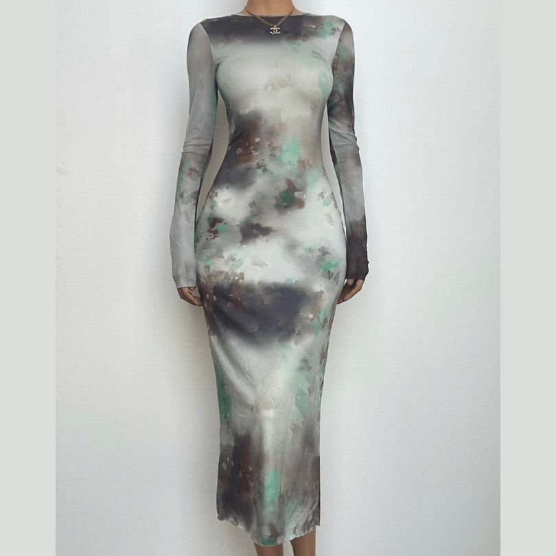 Long sleeve crewneck tie dye mesh gloves contrast midi dress