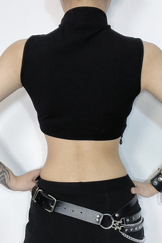 High Neck Sleeveless Moon Cutout Fringe Crop Top