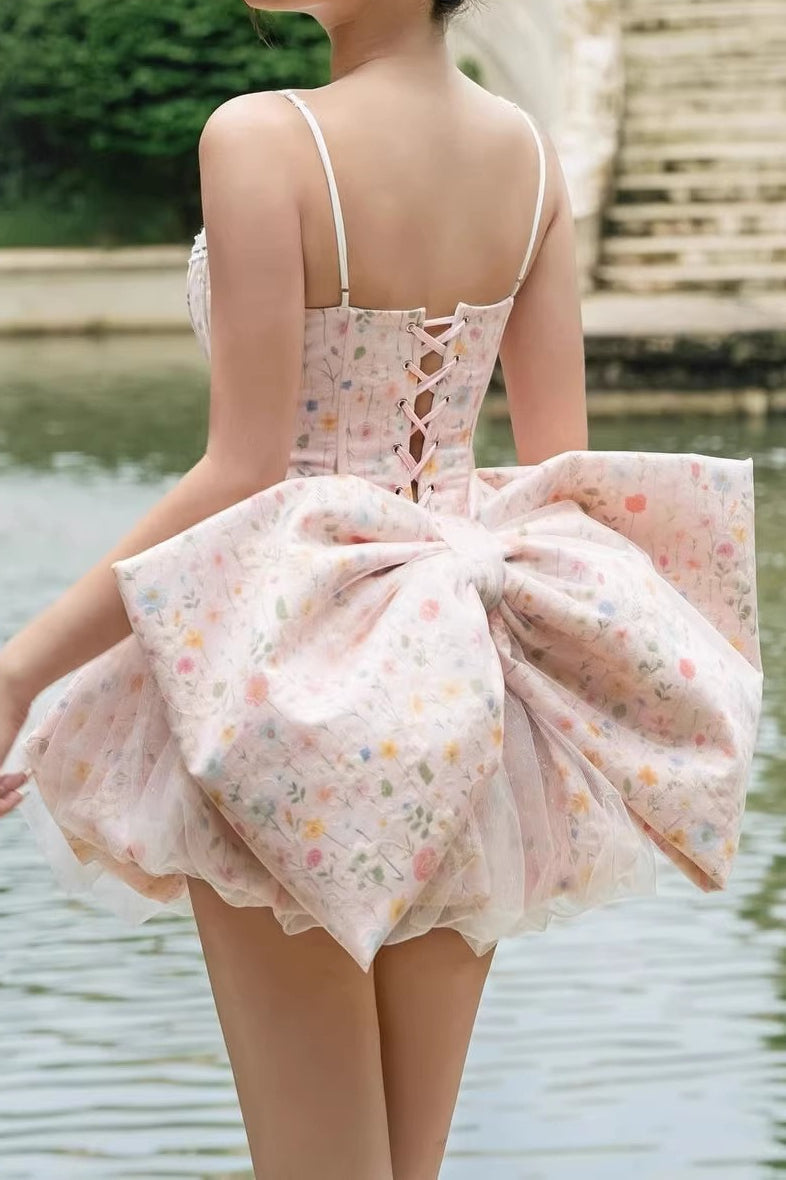 Pink Spaghetti Strap Corset Lace Trim Bubble Skirt Bow Back Mini Dress 2
