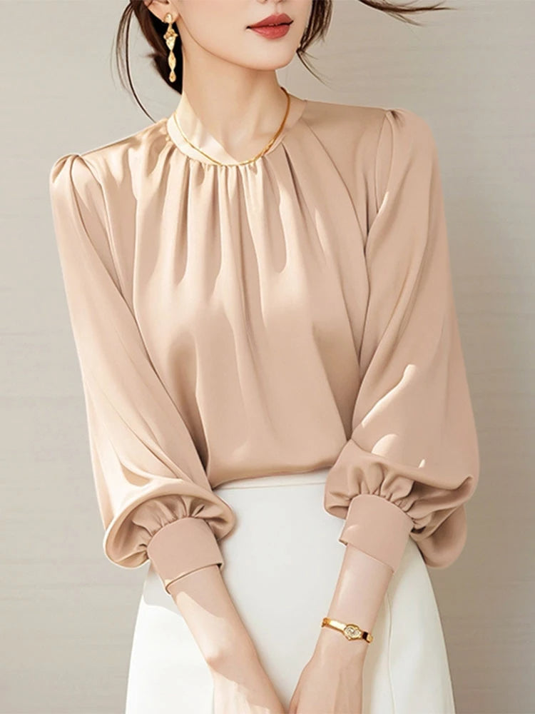 Vintage Satin Pleating Blouse Casual Office Blouse Khaki / S blouse-250126