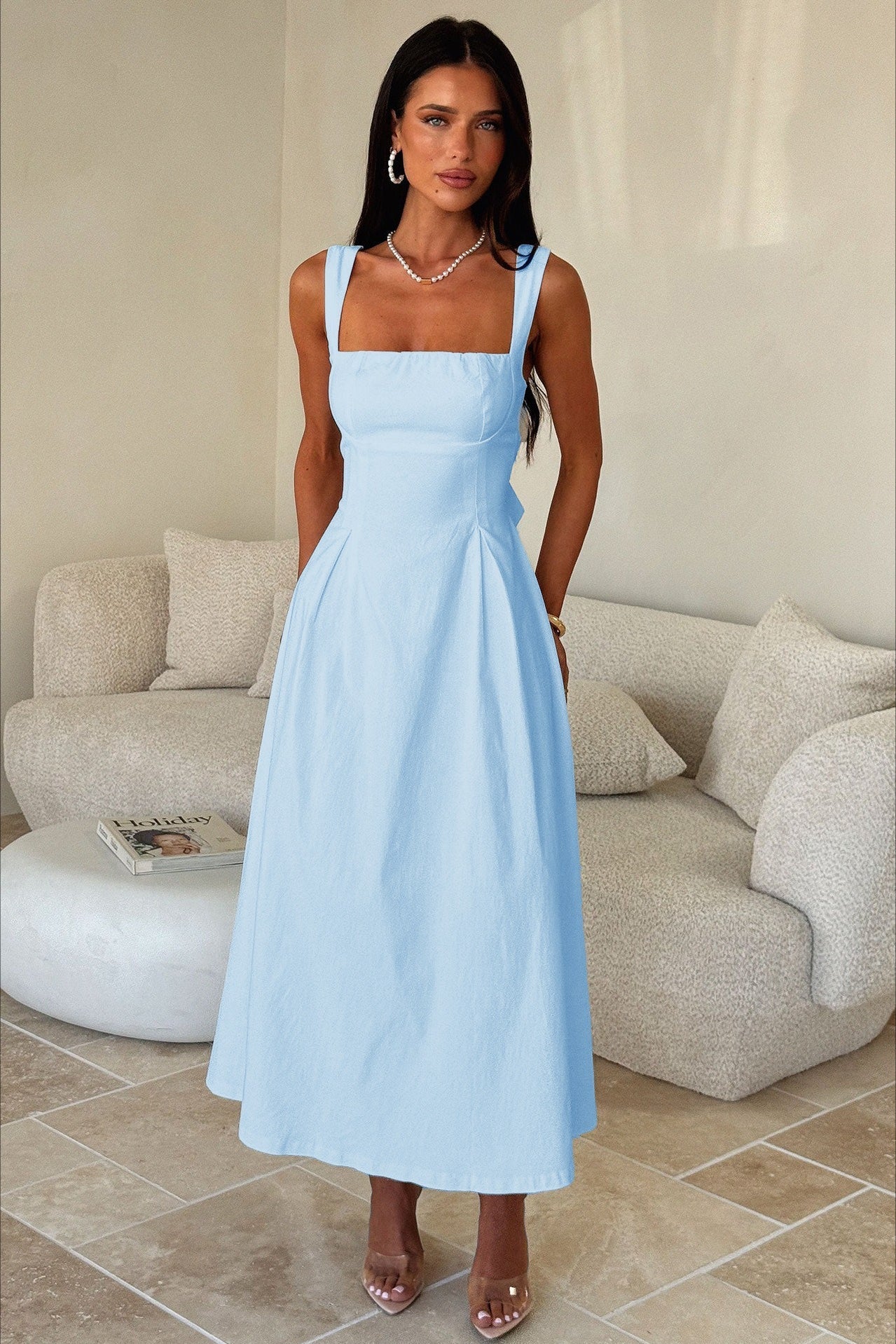 Square Neck Gathered Bust Wide Strap Pleated Pocket Midi Dress 9