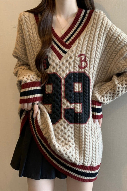 Contrast VNeck Plus Size Sweater
