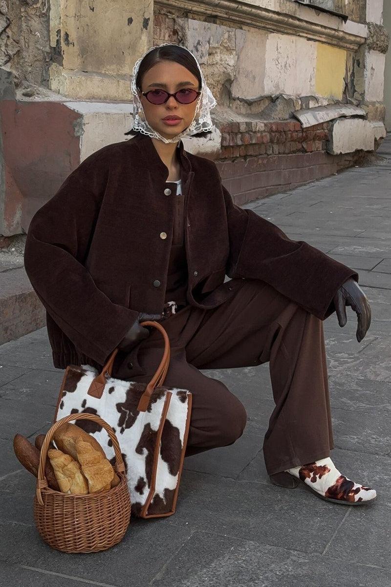 Coffee Corduroy Stand-Collar Loose Jacket