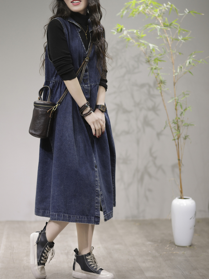 V-Neck Sleeveless Button Front Denim Smock A-Line Midi Dress