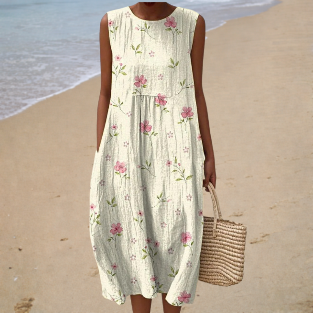 Crew Neck Ditsy Floral Print Pocket Cocoon Midi Dress