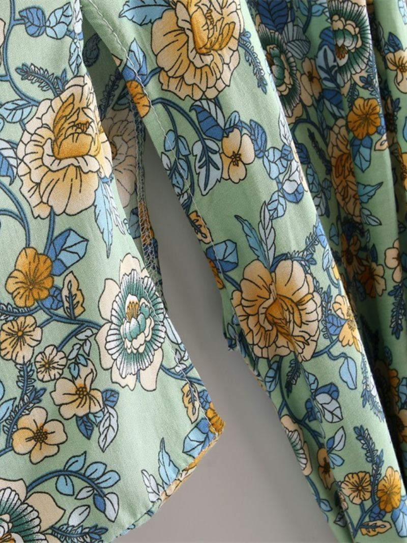 Green Floral Print Bohemian Wide Sleeve Belted Long Kimono