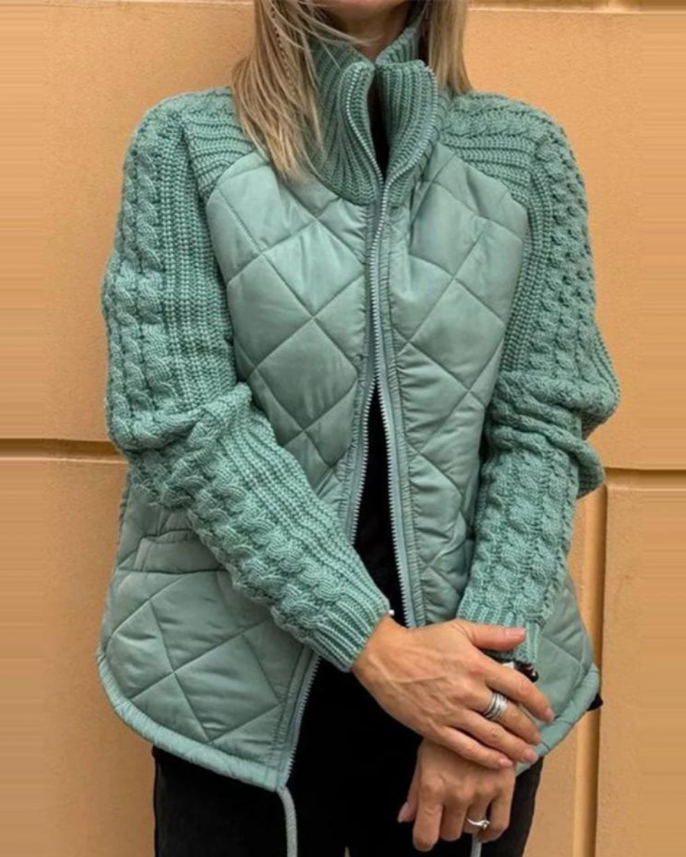 Stand Collar Zip Front Quilted Cable Knit Sleeve Jacket